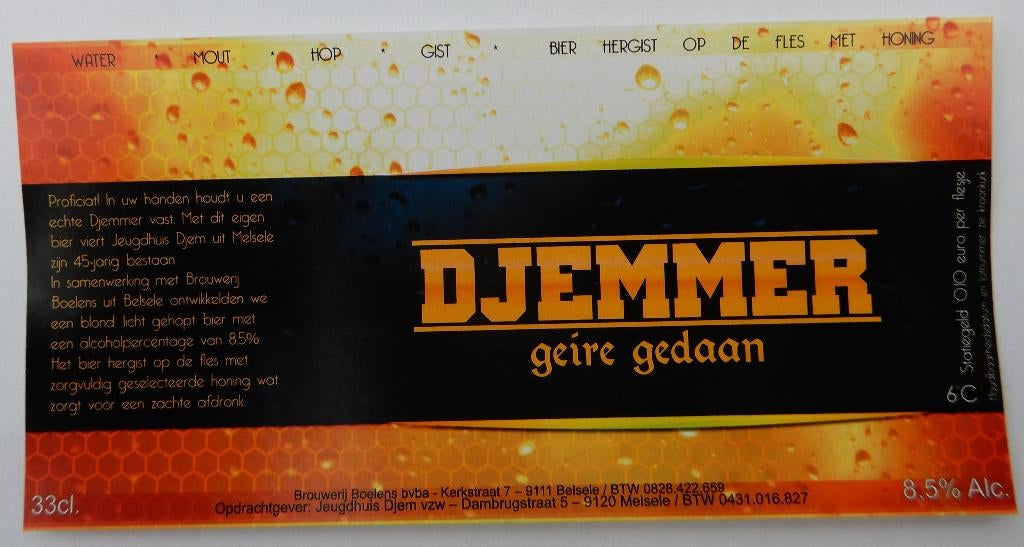 Bieretiket Djemmer Brouwerij Boelens (12b2), Ophalen of Verzenden, Nieuw