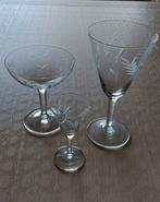 12 x set van 3 gegraveerde glazen, inclusief champagnebeker, Ophalen, Zo goed als nieuw, Glas, Glas of Glazen