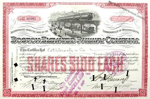 Boston Elevated Railway Company 1908, Timbres & Monnaies, Actions & Titres, Certificat d'action, Avant 1920, Enlèvement ou Envoi