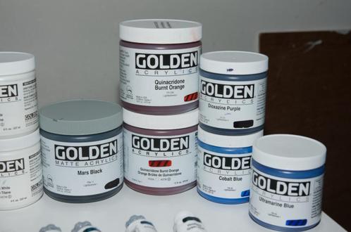 24 potten Golden acrylverf, penselen, messen, Mabef ezel, Hobby en Vrije tijd, Schilderen, Zo goed als nieuw, Acrylverf, Ophalen of Verzenden