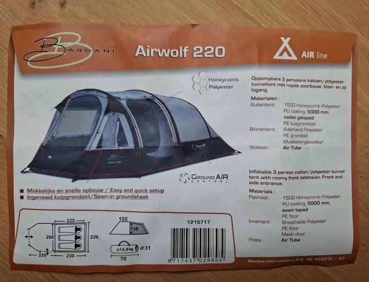 Oppompbare 3-persoons tunneltent grijs, Caravans en Kamperen, Tenten, tot en met 3, Zo goed als nieuw, Ophalen