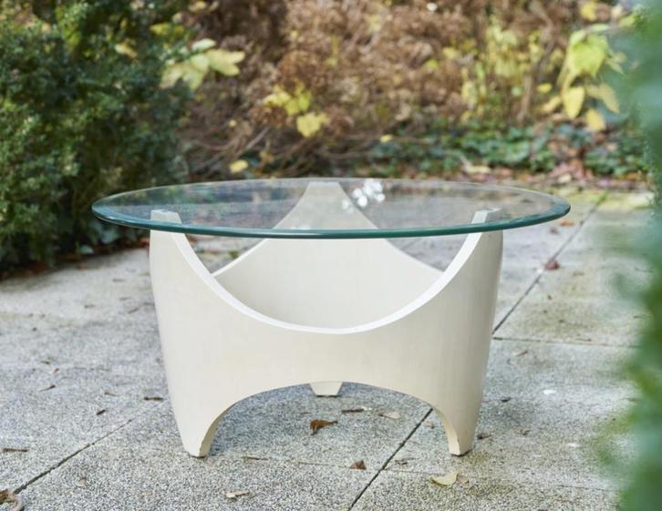 Space Age gebogen witte houten salontafel, jaren 1970, Verzamelen, Retro, Huis en Inrichting, Ophalen