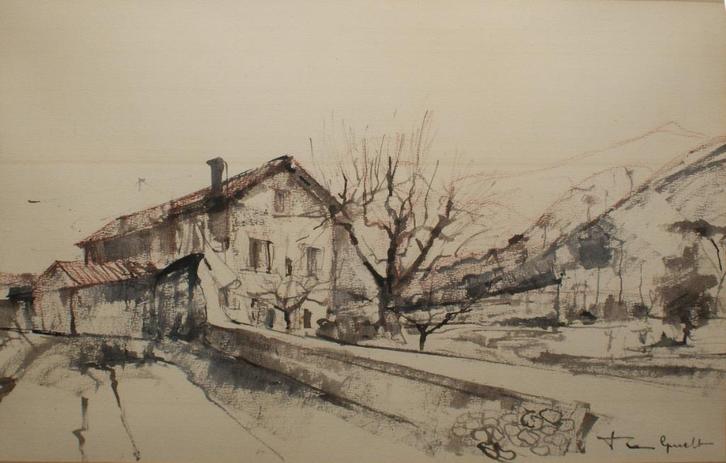 José Van Gucht (1913-1980): Aan de voet van de berg (65x47cm, Antiek en Kunst, Kunst | Schilderijen | Klassiek, Ophalen of Verzenden