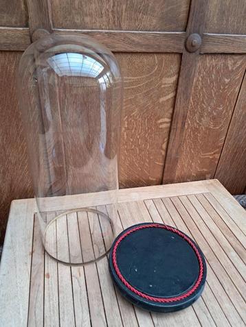 Glazen stolp op houten sokkel met rood lint - antiek, Enlèvement