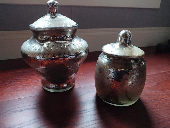 Twee glazen potten in "armeluiszilver", Huis en Inrichting, Woonaccessoires | Overige, Nieuw, Ophalen of Verzenden