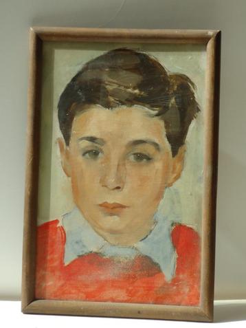 Prachtig portret olieverf op paneel jonge knaap rond1950/'60