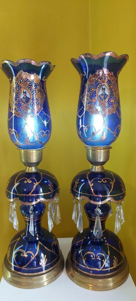 Paar blauwe Perzische glazen lampen, Antiek en Kunst, Antiek | Verlichting, Ophalen of Verzenden