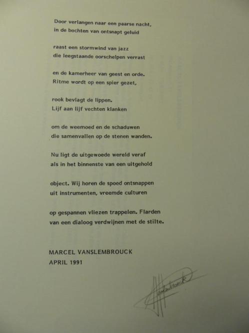 VANSLEMBROUCK, MARCEL, getekend gedicht, jazz, 04/1991, Antiek en Kunst, Kunst | Litho's en Zeefdrukken, Ophalen of Verzenden