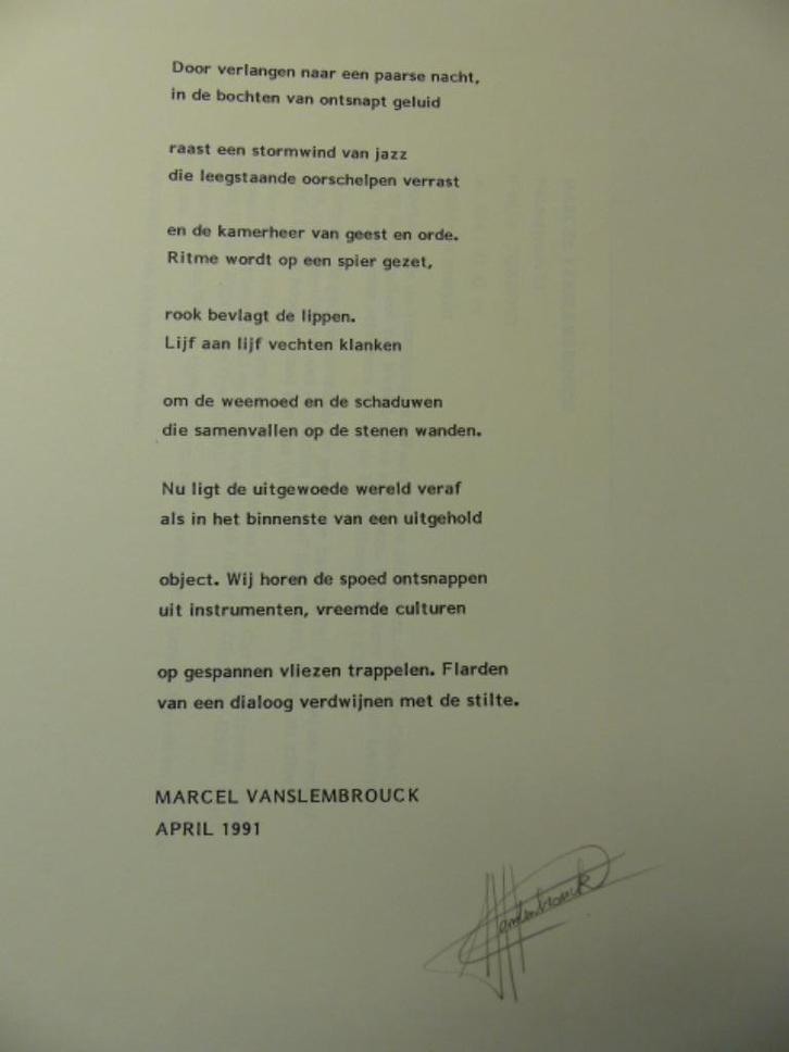 VANSLEMBROUCK, MARCEL, getekend gedicht, jazz, 04/1991, Antiek en Kunst, Kunst | Litho's en Zeefdrukken, Ophalen of Verzenden