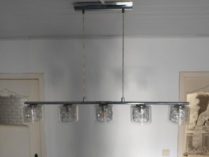 Design hanglamp 5-lichts - glas & chroom, Huis en Inrichting, Lampen | Hanglampen, Zo goed als nieuw, Glas, Ophalen