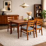 Set van 4 Deense Mid-Century eetkamerstoelen, Huis en Inrichting, Ophalen, Hout, Bruin, Zo goed als nieuw