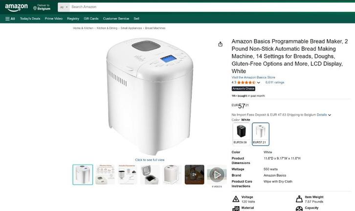 Machine à pain Amazon Basics, Electroménager, Machines à pain, Neuf, Avec minuteur, 400 à 800 grammes de pâte, Fenêtre transparente