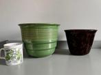 2 x retro vintage bloempot keramiek geribbeld groen bruin, Antiek en Kunst, Ophalen of Verzenden