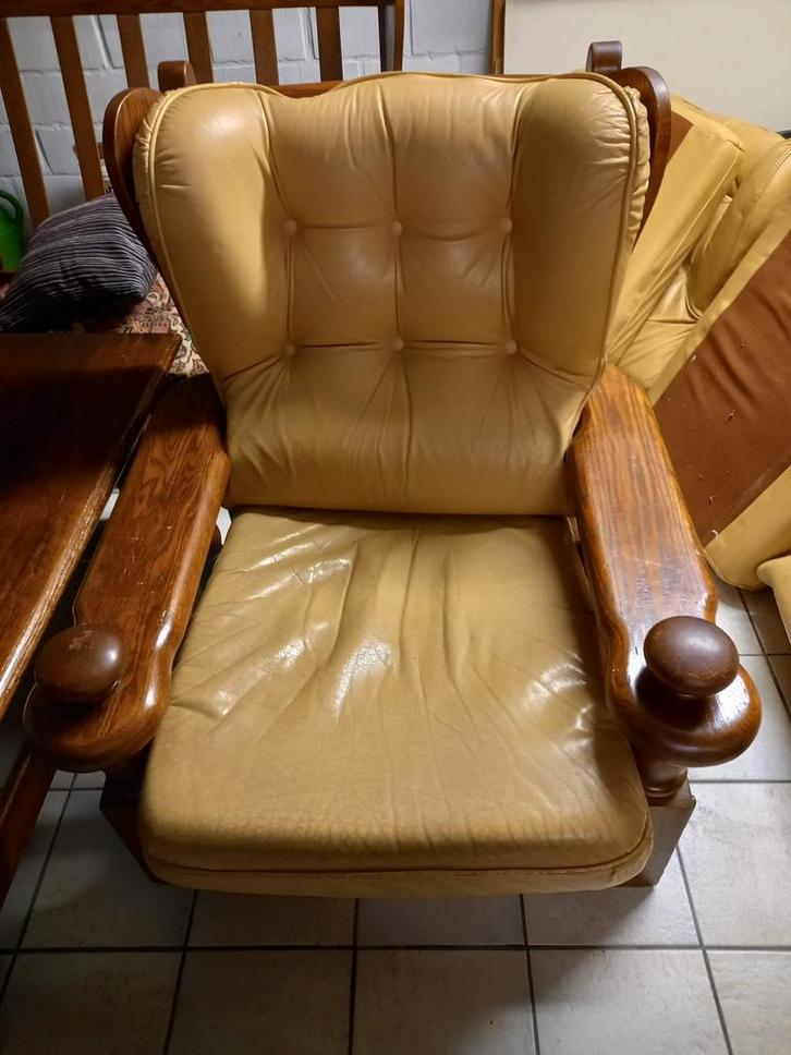 Massief eiken salontafel en salon, Huis en Inrichting, Fauteuils, Gebruikt, Hout, 75 tot 100 cm, 75 tot 100 cm, Ophalen