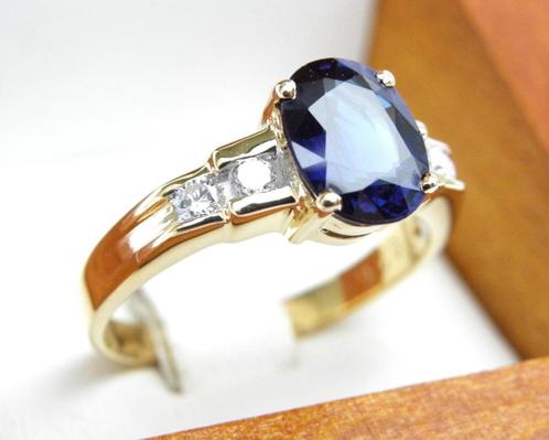 Bague 18 carats avec gros saphir et brillants, 100 % naturel, Bijoux, Sacs & Beauté, Bagues, Comme neuf, Femme, 18 à 19, Bleu