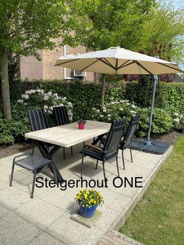 Steigerhout tuintafel tafel ijzer onderstel gratis levering