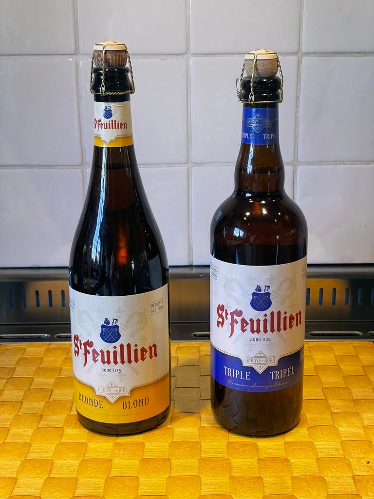 2 flessen St Feuillien 75 cl Tripel en Blond, Verzamelen, Biermerken, Nieuw, Ophalen