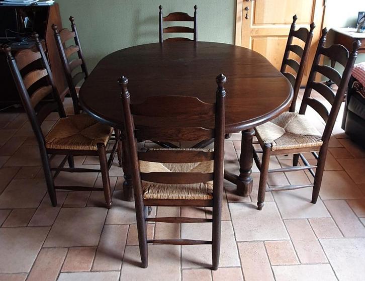 Massief eiken uitschuifbare eettafel met 6 stoelen, Huis en Inrichting, Complete eetkamers, Gebruikt, 4 tot 6 stoelen, Ophalen