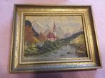 Landschapsschildering met kerk, Antiek en Kunst, Ophalen of Verzenden