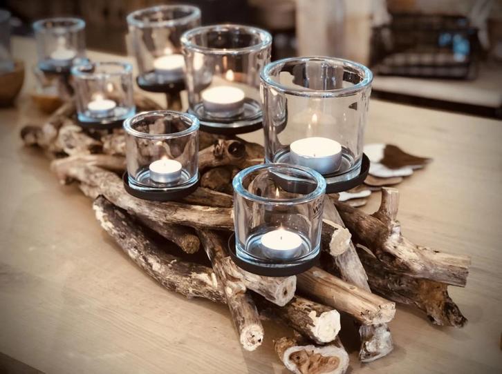 Tafelstuk hout met windlichten, Huis en Inrichting, Woonaccessoires | Kandelaars en Kaarsen, Zo goed als nieuw, Hout, Ophalen