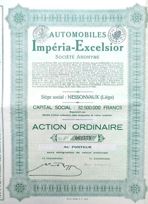 Automobiles Impéria-Excelsior 1928, Postzegels en Munten, Aandelen en Waardepapieren, Aandeel, 1920 tot 1950, Ophalen of Verzenden