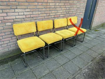 3 Gele Ribstof Stoelen met Chome Buisframe beschikbaar voor biedingen