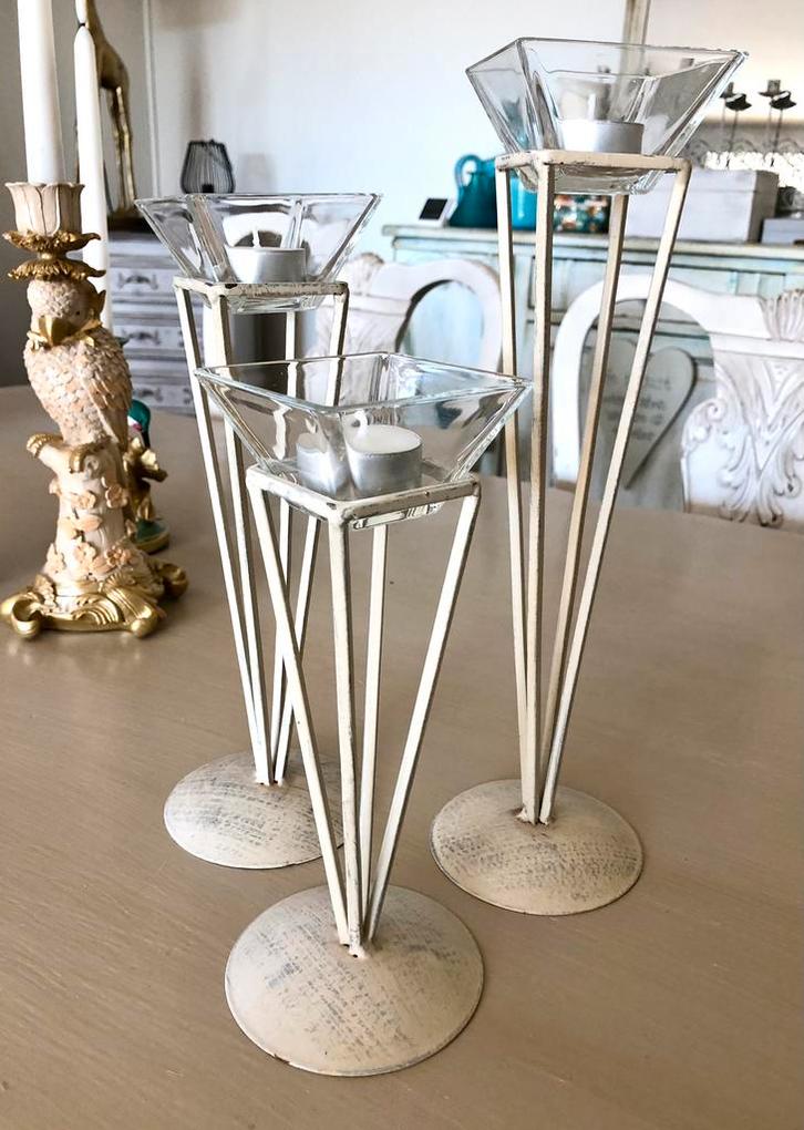 ️ 3 SIA-kandelaars in gepatineerd metaal en hun beker, Huis en Inrichting, Woonaccessoires | Kandelaars en Kaarsen, Gebruikt, Kandelaar