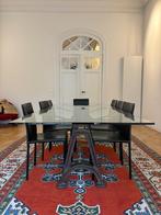 Glazen tafel met metalen onderstel, Ophalen, Gebruikt, 100 tot 150 cm, 200 cm of meer