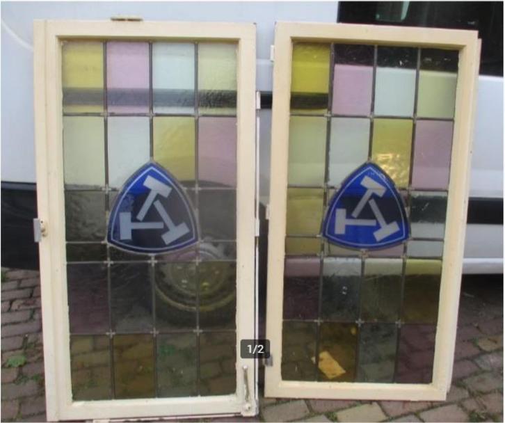 2 Grote Oude Ramen met Glas in Lood - 147x77, Antiek en Kunst, Antiek | Glaswerk en Kristal, Ophalen