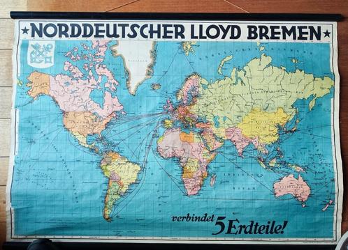 NORDDEUTSCHER LLOYD Bremen Wereldmap op doek met ophanglint, Boeken, Atlassen en Landkaarten, Zo goed als nieuw, Overige typen