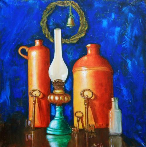 "Stilleven met flessen, sleutels en petroleumlamp" Schilderi, Antiek en Kunst, Kunst | Schilderijen | Modern, Verzenden