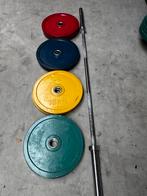 140kg Gekleurde Gewichten + Olympische Barbell 220cm, Enlèvement, Utilisé, Plaques d'haltères
