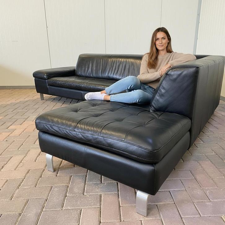 GRATIS LEVERING HEEL BE CaliaItalia Zwart Echt Leer Hoekbank, Huis en Inrichting, Zetels | Zetels, Zo goed als nieuw, Hoekbank