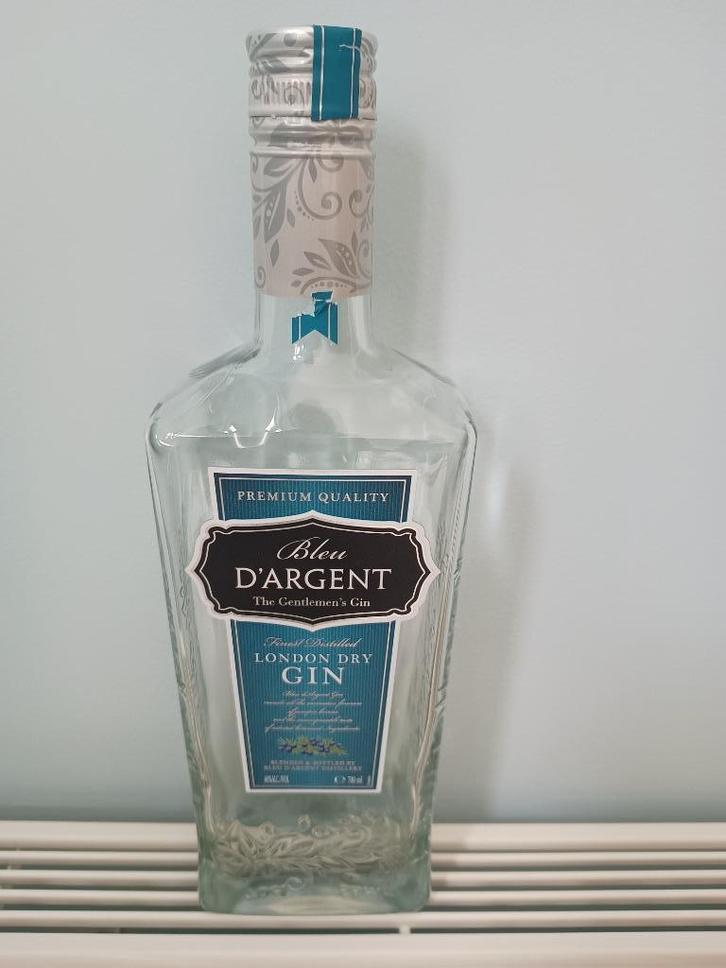 Lege Fles Bleu d'Argent Gin 0.7 Liter 40% vol met dop, Verzamelen, Merken en Reclamevoorwerpen, Zo goed als nieuw, Verpakking