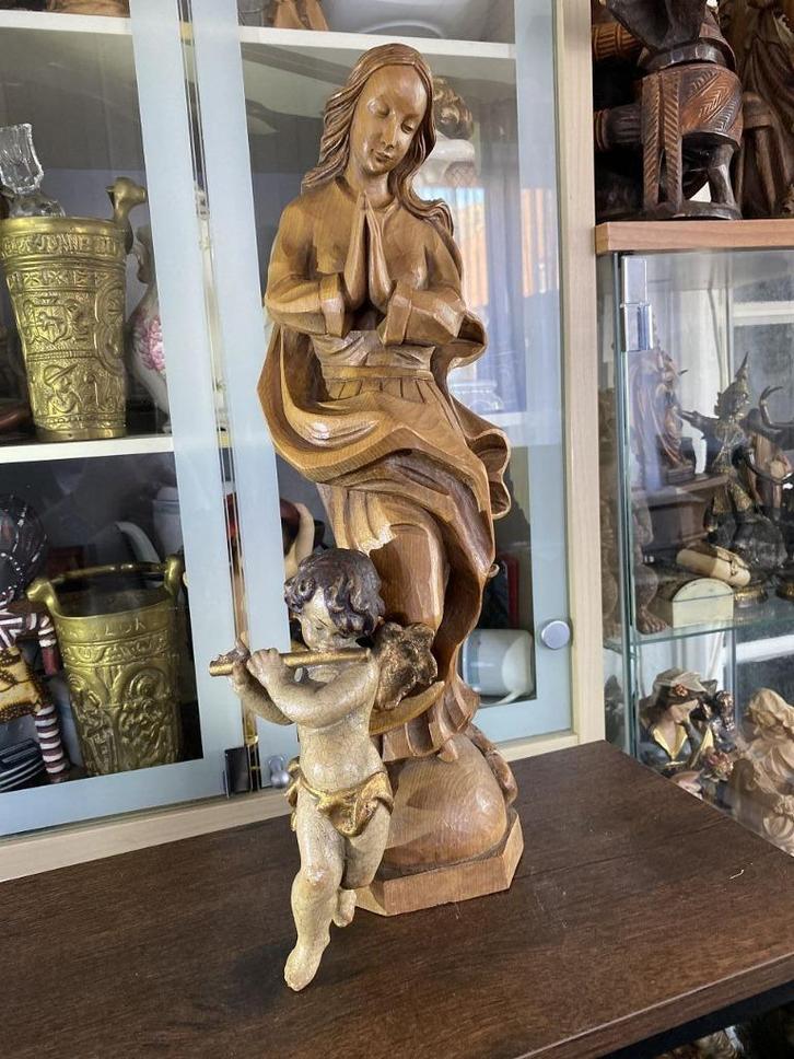 biddende Madonna met houten engel 43 cm, Antiek en Kunst, Antiek | Religieuze voorwerpen, Ophalen of Verzenden