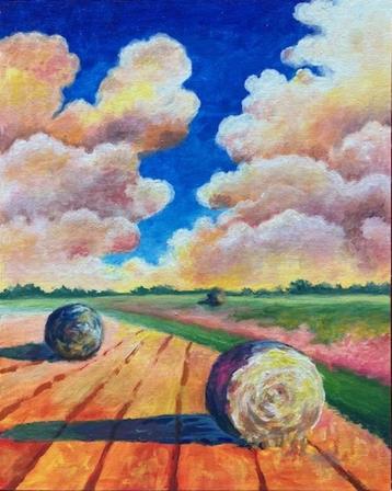 "Bright Haystacks" (painting by Kuijken, 24x30 cm) beschikbaar voor biedingen