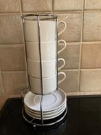 Houder met 4 tassen en bordjes, Huis en Inrichting, Keuken | Servies, Ophalen of Verzenden, Zo goed als nieuw, Porselein, Kop(pen) en/of Schotel(s)
