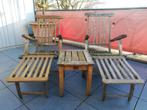 Ligstoelen en bijzettafel in teak, Tuin en Terras, Ophalen, Gebruikt, Teakhout, Verstelbaar