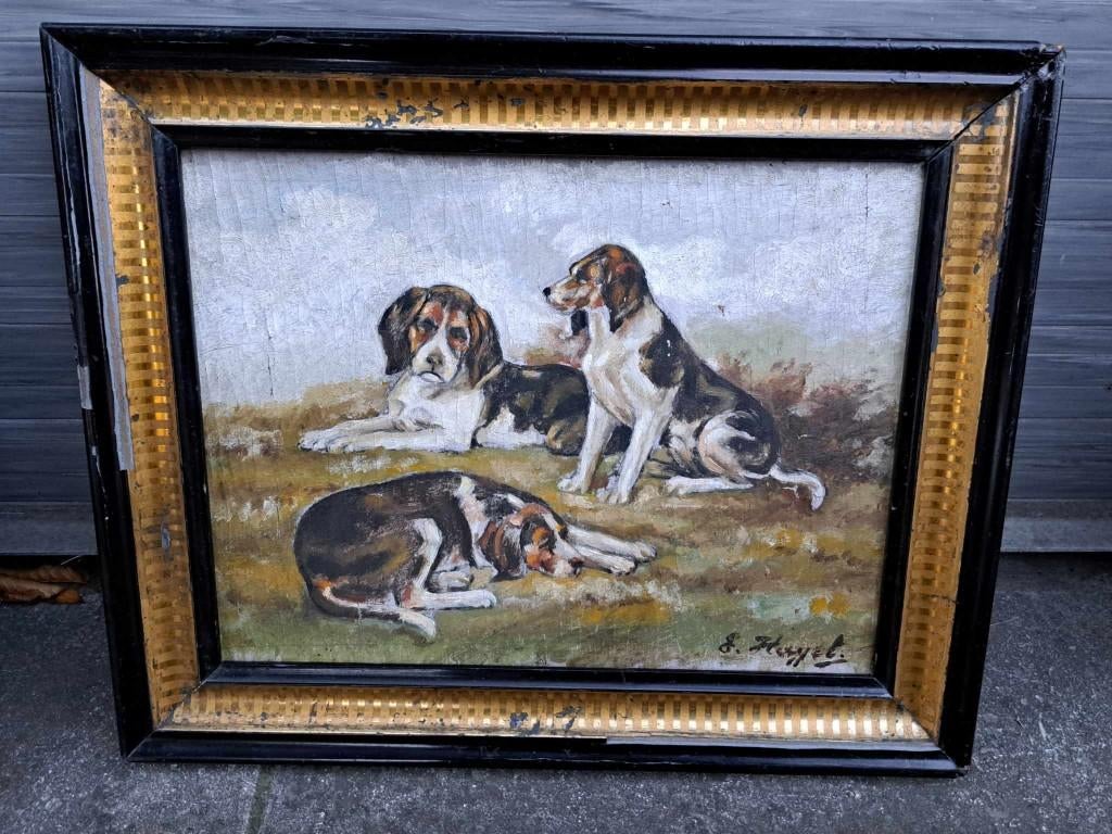 huile sur carton chiens signe huyet, Antiquités & Art, Enlèvement ou Envoi