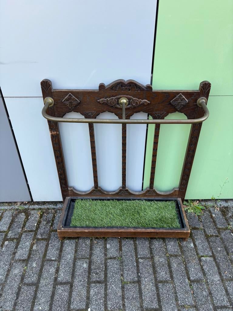 Antieke houten paraplubak met messing details, Huis en Inrichting, Ophalen of Verzenden, Gebruikt, Hout
