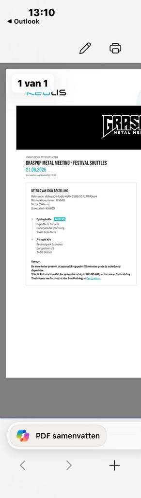 Graspop Ticket shuttlebus 21 juni, Une personne