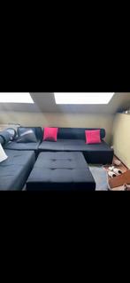 Grand salon d’angle modulaire bleu velours + pouf – 3m x 2m, Enlèvement