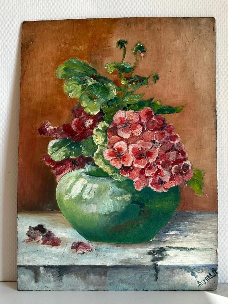 Handgeschilderd olieverfschilderij bloemen in groene vaas, Antiek en Kunst, Ophalen of Verzenden