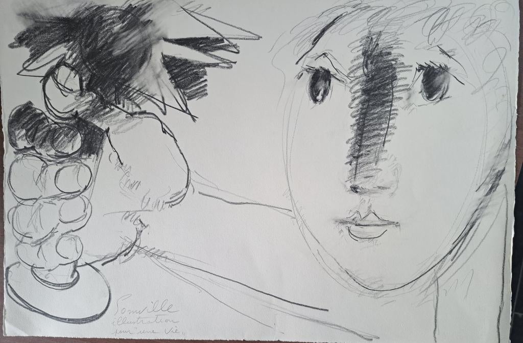 SOMVILLE Roger "Illustration pour une vie" potloodtekening, Ophalen of Verzenden