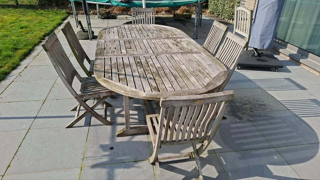Tafel en 6 stoelen in teak gratis af halen -  merk Elite, Tuin en Terras, Ophalen