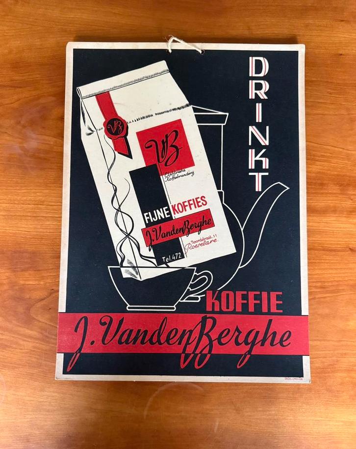 Panneau pub. en carton Koffie J. VANDENBERGHE - Roeselare, Collections, Marques & Objets publicitaires, Comme neuf, Panneau publicitaire