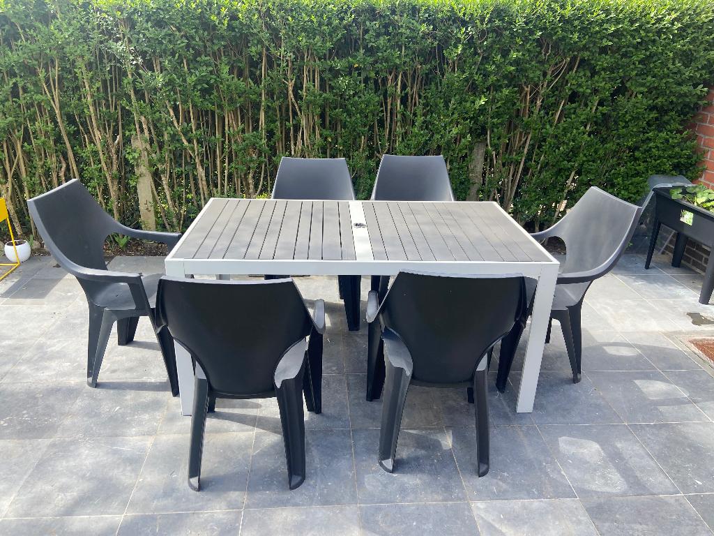 Heel mooie antracietgrijze tuintafel Sjalland IKEA + stoelen, Tuin en Terras, Ophalen, Gebruikt, Rechthoekig, Aluminium