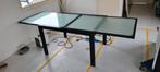 Eettafel met stalen frame en gezandstraald glas, Ophalen, Gebruikt, 200 cm of meer, 50 tot 100 cm