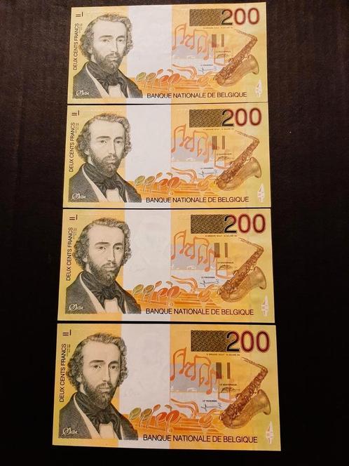 4 billets 200 Bfr NEUF Numéro consécutif 1996-2001 NEUF, Timbres & Monnaies, Billets de banque | Belgique, Série, Envoi