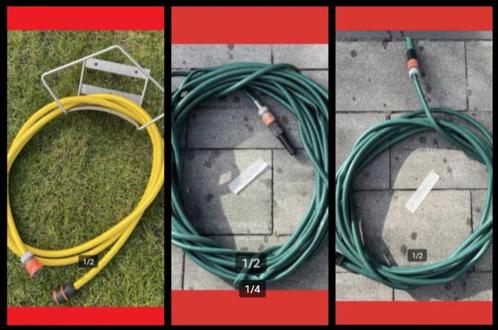 div mtr groene gele tuinslang met koppelingen metalen houder, Tuin en Terras, Tuinslangen, Zo goed als nieuw, Tuinslang, Ophalen of Verzenden